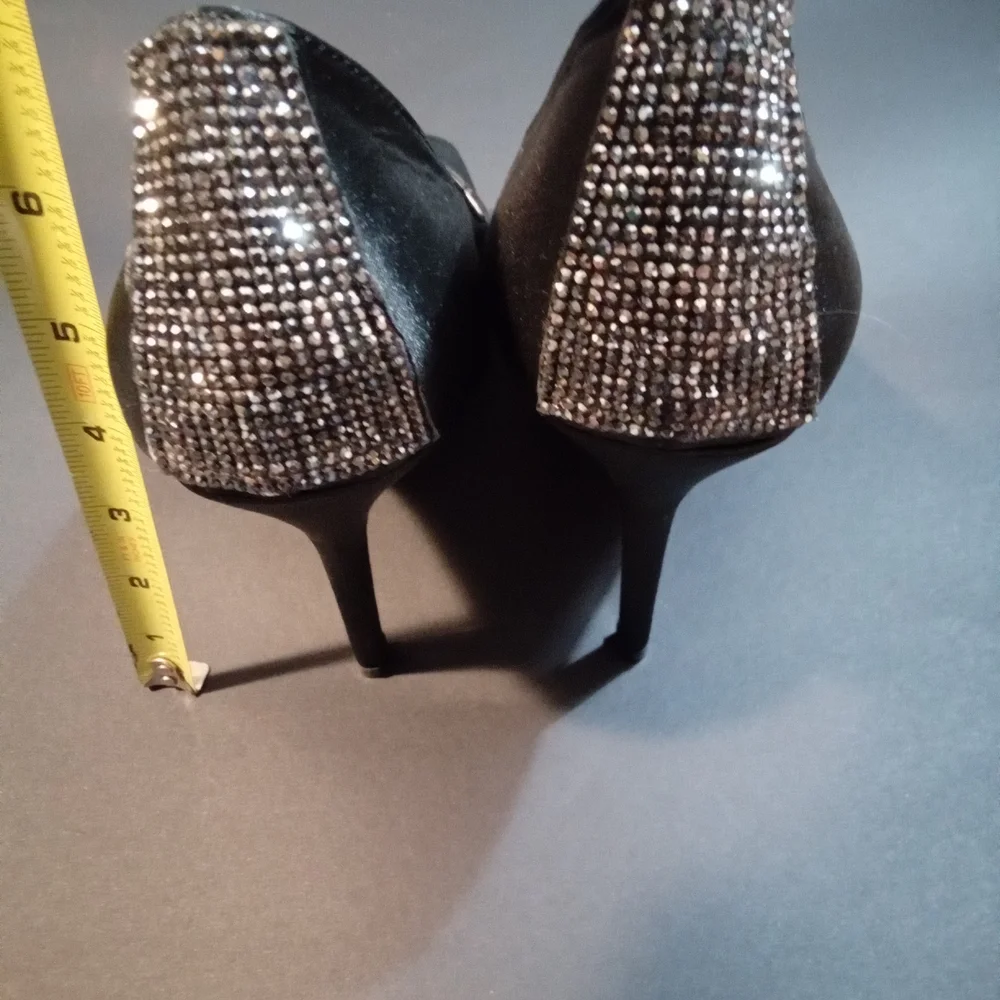 Italina EMBELLISHED Black Satin Peep-Toe High‎ Heels